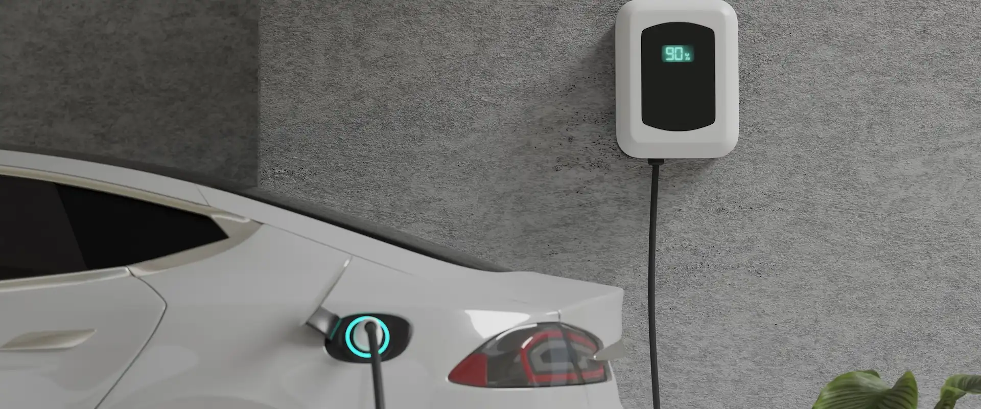 Wall mounted EV charger plugged in